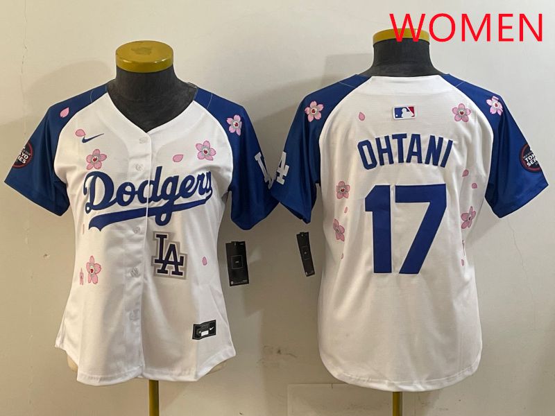 Women Los Angeles Dodgers #17 Ohtani White Blue Sakura Edition 2025 Nike MLB Jersey style 9->women mlb jersey->Women Jersey